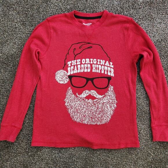 🎄 Boys Santa Christmas Thermal Shirt The Original Bearded Hipster Size L 14 16 - Picture 1 of 6